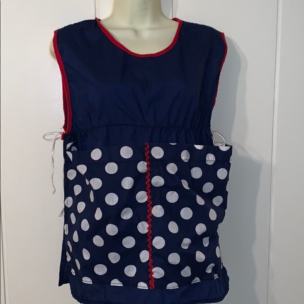 🤩Vtg navy blue smock apron with‎ polka dot pockets